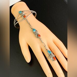 Vtg Southwestern Slave Bracelet Ring - Turquoise & Coral Inlay - Silver Tone